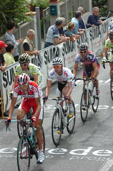 Evans leads teammate and eventual race winner Gilbert during the Coppa Sabatini.