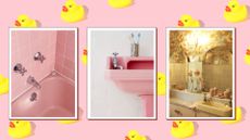 pink '50s bathroom appliances on a pink background with yellow rubber duckies
