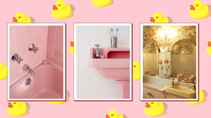 pink '50s bathroom appliances on a pink background with yellow rubber duckies