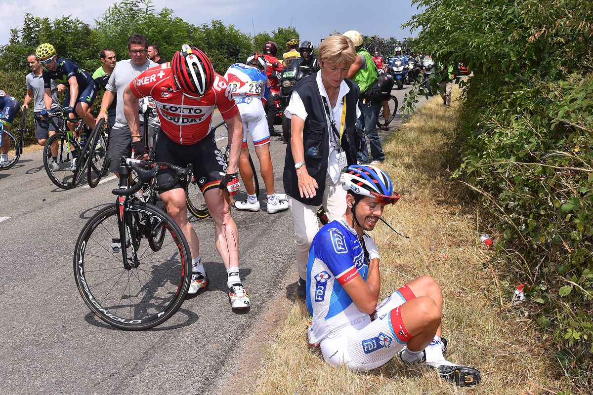 Andre Greipel (Lotto Soudal) and Steve Morabito (FDJ) were caught up in the crash