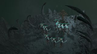 Diablo 4 summon golem - a necromancer and her skeletons stands next to the Shrine of Rathma