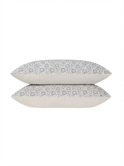 Dusk Blue Folk Floral Linen Blend Pillowcases (Pair)