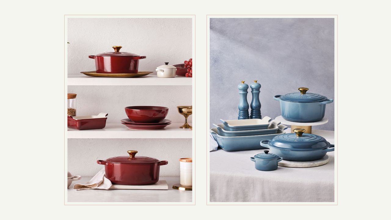 Compilation image showing Le Creuset new colours rhone and Chambrey across it&#039;s cookware collection