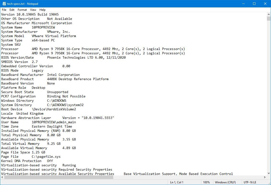 Windows 10 PC exported specs file