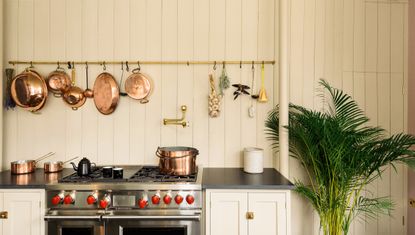 Pot filler trend in a cream colored kitchen 
