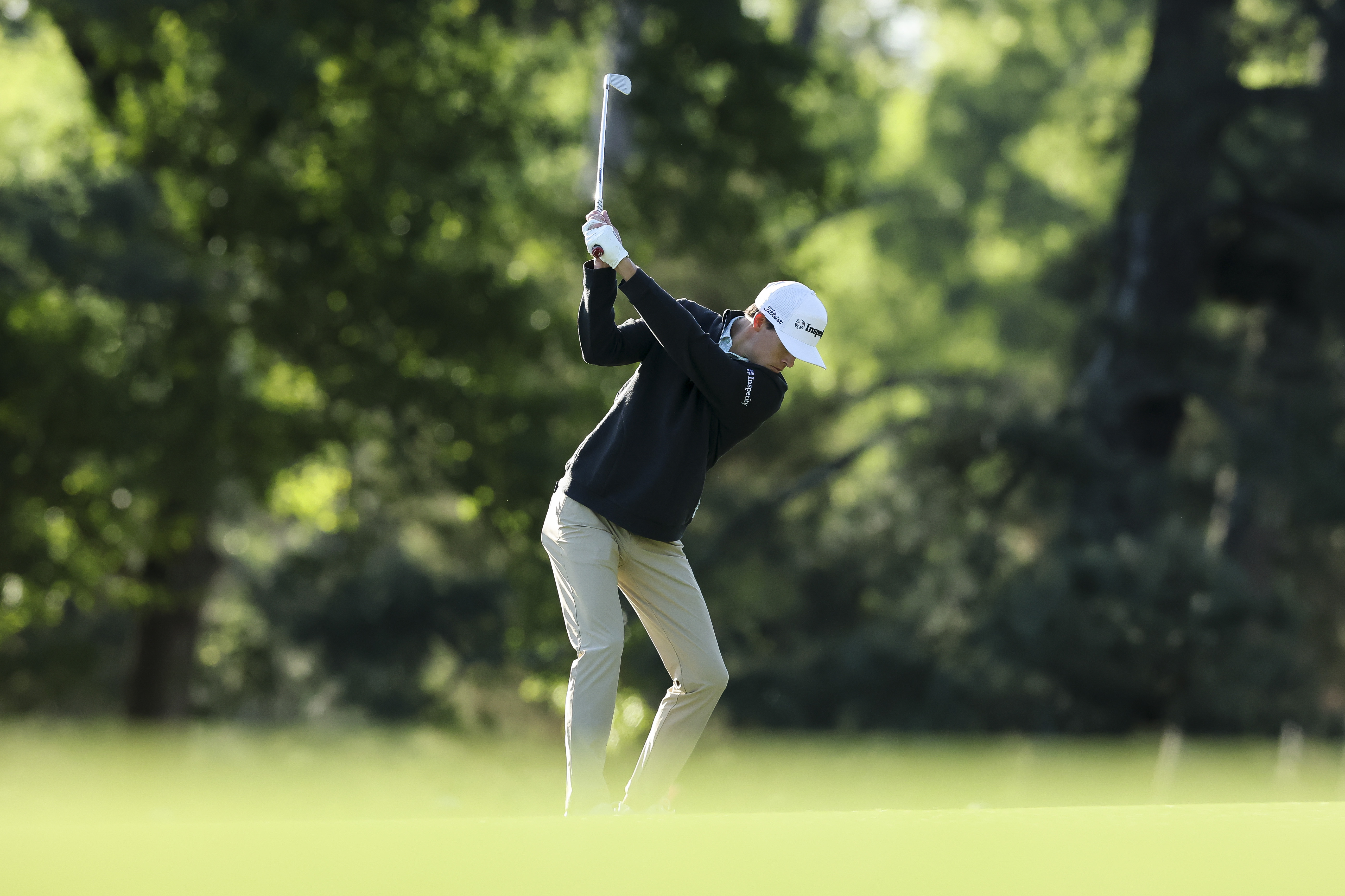 Johnny Keefer plays a shot on the fifth hole during the first round of the 2026 Masters Tournament at Augusta National Golf Club