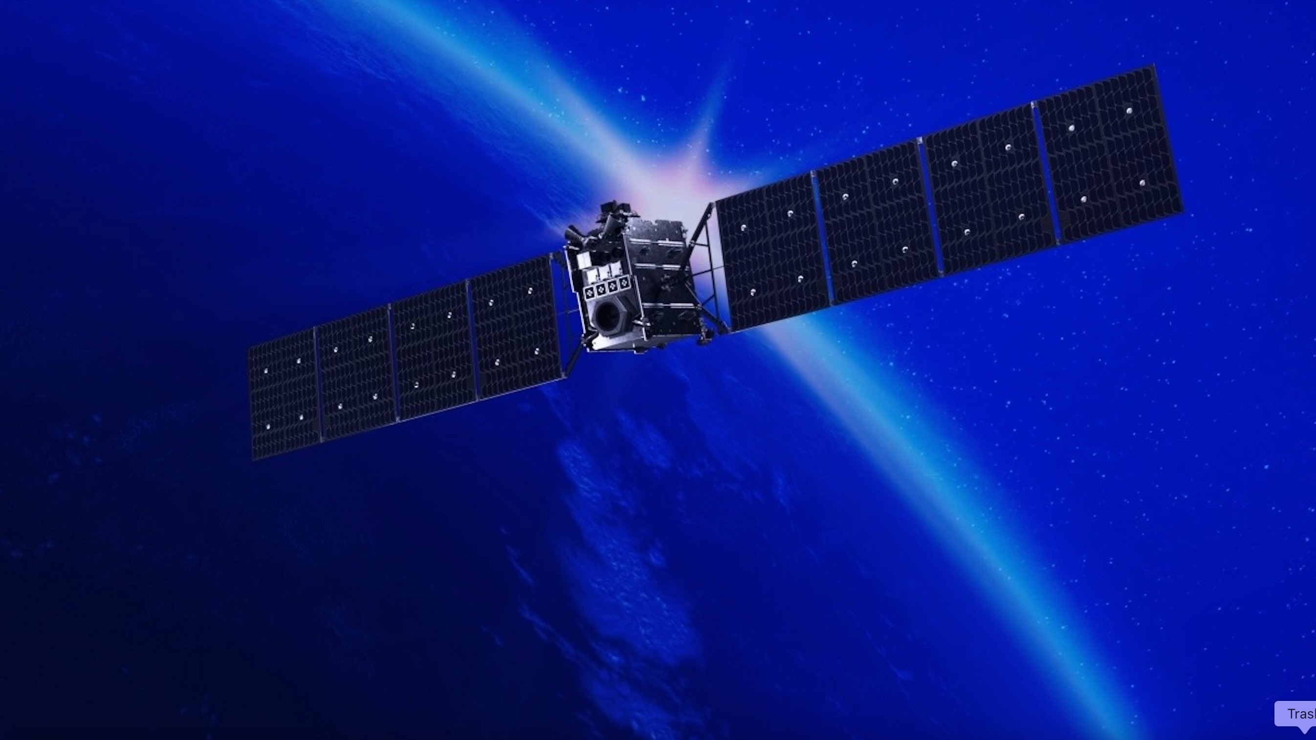 illustration of a cube-shaped spacecraft with two long solar arrays high above earth