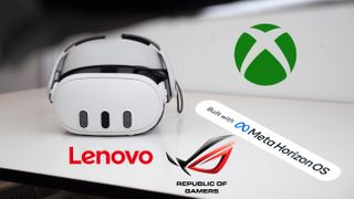 The Quest 3 sitting next to logos for ASUS ROG, Xbox, and Lenovo, along with a "Made with Meta Horizon OS" label.