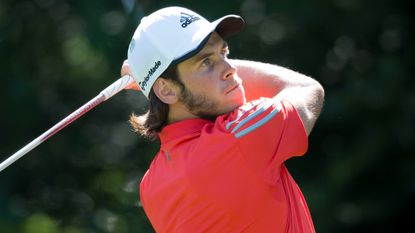 Gareth Bale takes a shot during the 2015 Celebrity Cup in Newport, Wales