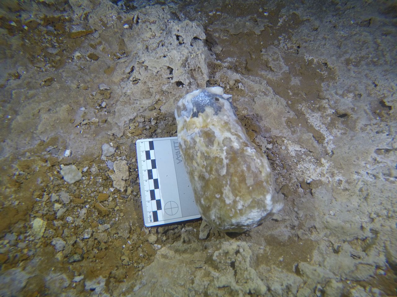 A hammerstone made from a piece of stalactite or stalagmite found in the cave.
