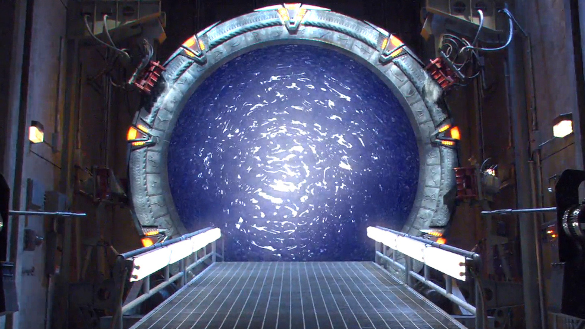 A Stargate turned on and glowing blue during an episode of SG-1.