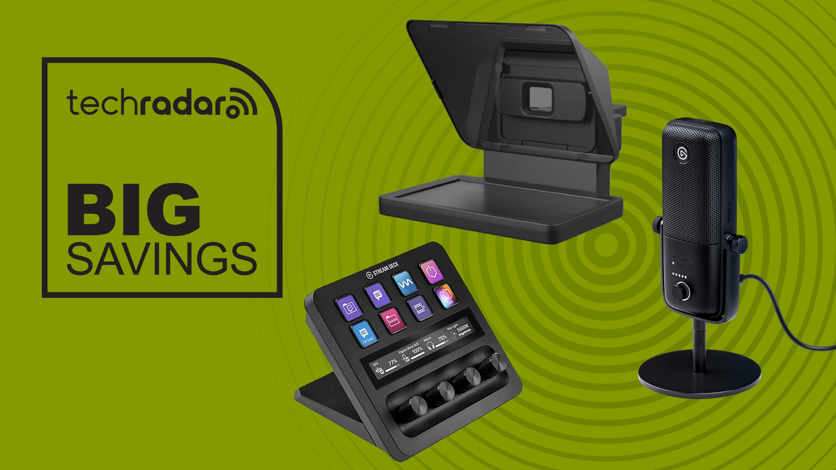 The Elgato prompter, Stream Deck + and Wave:3 next to a &quot;big savings&quot; sign