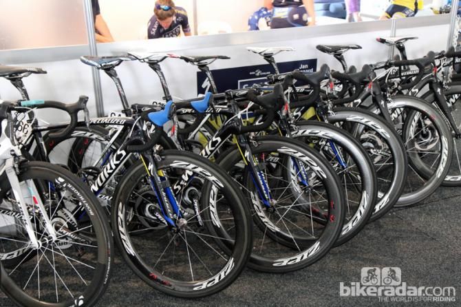 Saxo-Tinkoff's Specialized S-Works Tarmac SL4 machines lined up before heading out for a training ride.