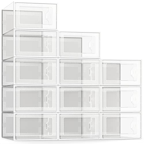 See Spring 12 Pack Shoe Storage Box, Clear Plastic Stackable Shoe Organizer for Closet, Space Saving Foldable Shoe Rack Sneaker Container Bin Holder
