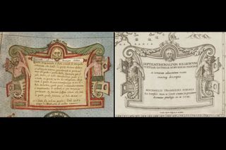 Urbano Monte's scroll (left) looks a great deal like the one on Michele Tramezzino's 1558 map. As a side note, the "septentrionalium regionum" on Tramezzino's map means "northern regions" in Latin.