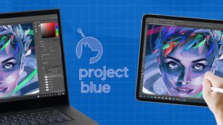 use an iPad as a drawing tablet with a PC; Astrolabs Project Blue logo, laptop PC, iPad with hand drawing using Apple Pencil