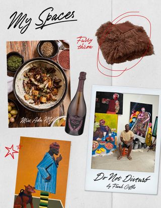 A collage showing the stylist Law Roach's world, including his favorite spaces with a photo from the restaurant Miss Ada in Brooklyn, a photo of the artist Frank Coffie, who made Law Roach's favorite painting, "Do Not Disturb".