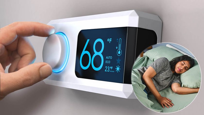 A close up of a hand operating the dial on a thermostat, adjusting the temperature to 68&deg;F (Shutterstock.) In the bottom right corner is an insert of a women sleeping (Future)