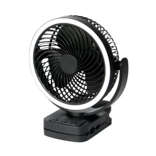 Round small black table fan with clip and white rim feature