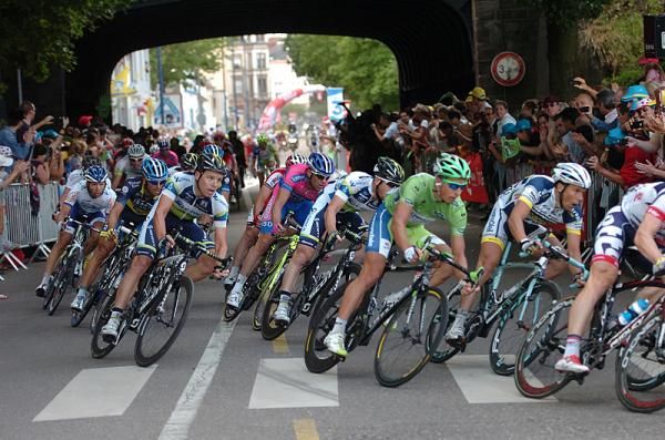 Green jersey holder Peter Sagan in a good position behind the Lotto train