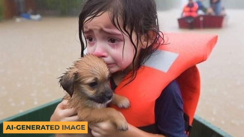 An AI-generated image of a young girl wearing a life vest holding a puppy during a flood
