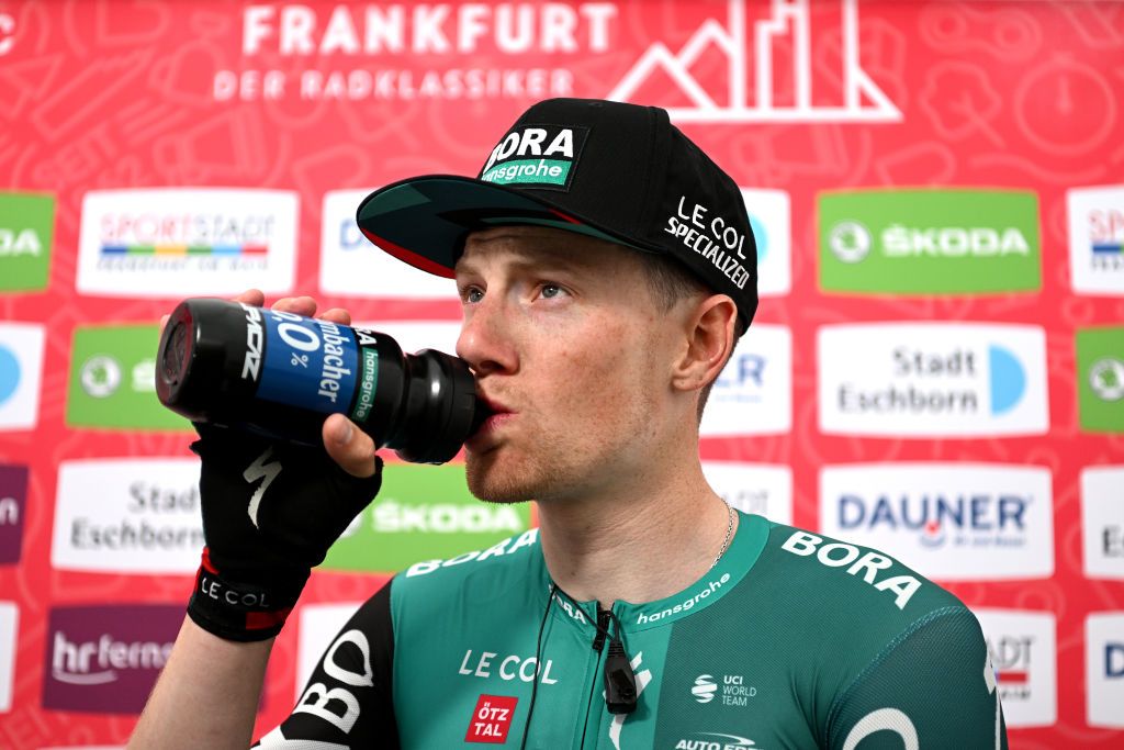 FRANKFURT AM MAIN GERMANY MAY 01 Race winner Sam Bennett of Ireland and Team Bora Hansgrohe meets the media press at podium after the 59th EschbornFrankfurt 2022 a 185km one day race from Eschborn to FrankfurtamMain WorldTour on May 01 2022 in Frankfurt am Main Germany Photo by Stuart FranklinGetty Images