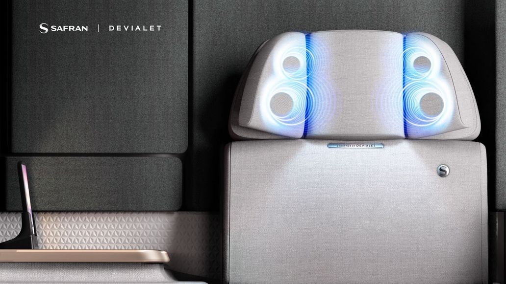 Devialet and Safran&#039;s in-flight speaker system built into an airline seat