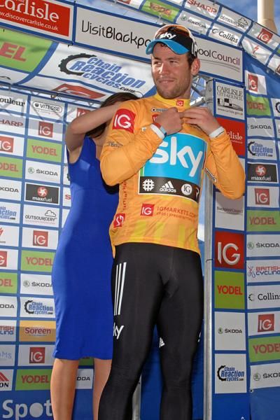 New Tour of Britain leader Mark Cavendish (Sky) dons the gold jersey.
