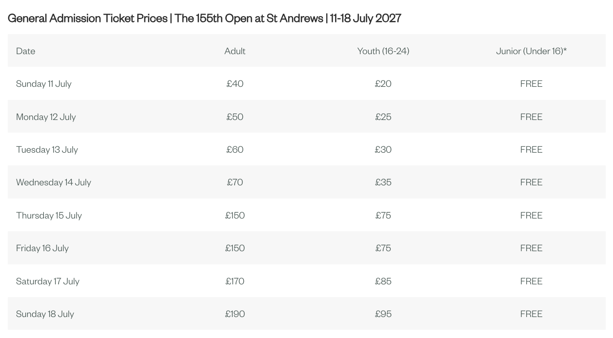 A table showing ticket prices for the 2027 Open