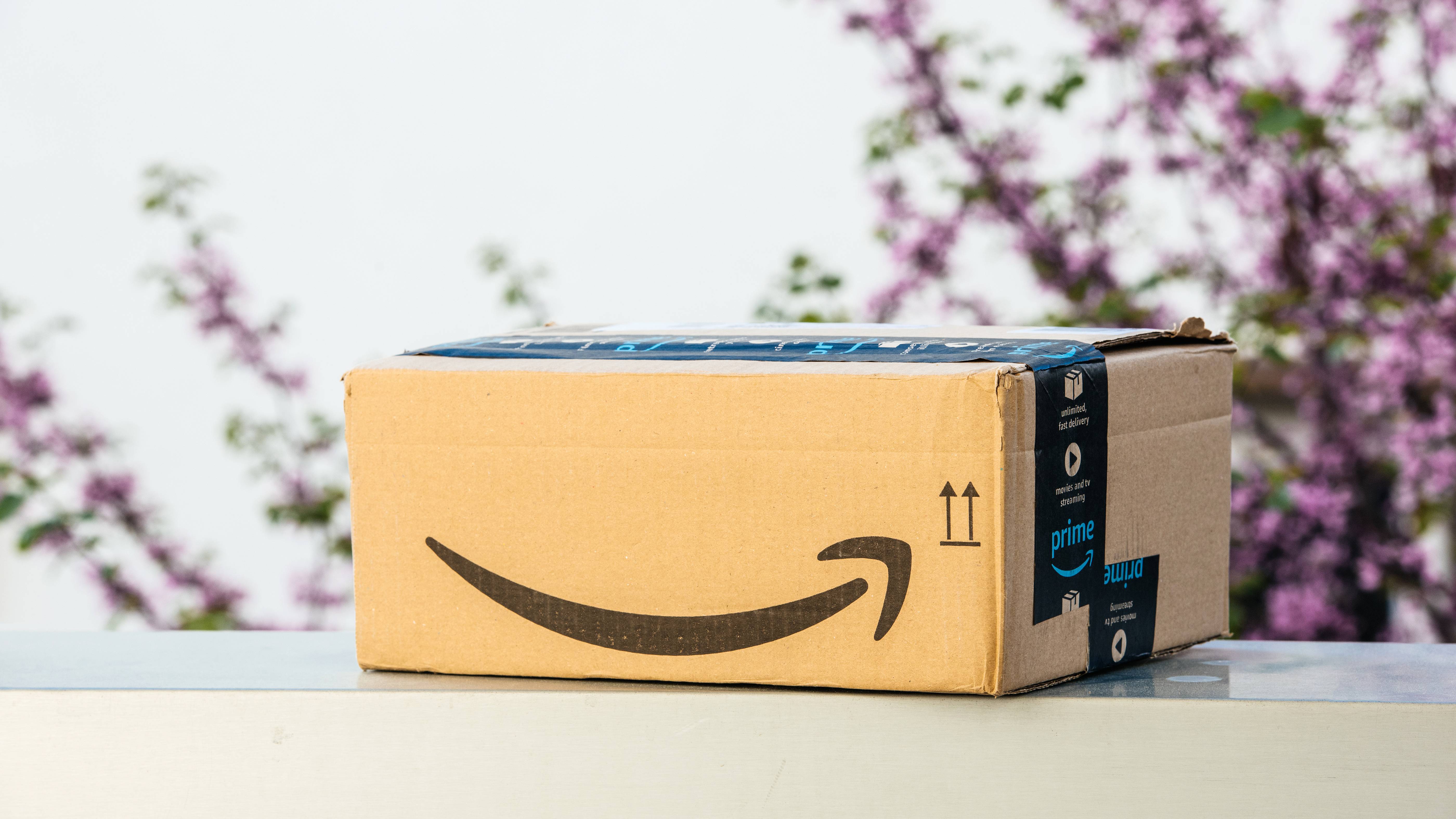 Cardboard box with amazon smile logo on the front and wrapped in Prime Day tape