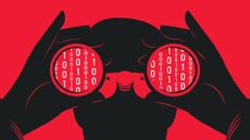 Illustration of a hacker looking through binoculars with binary code