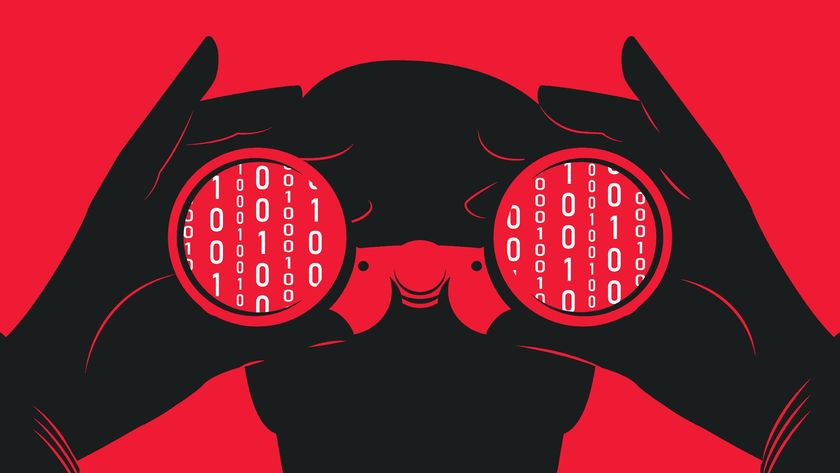 Illustration of a hacker looking through binoculars with binary code