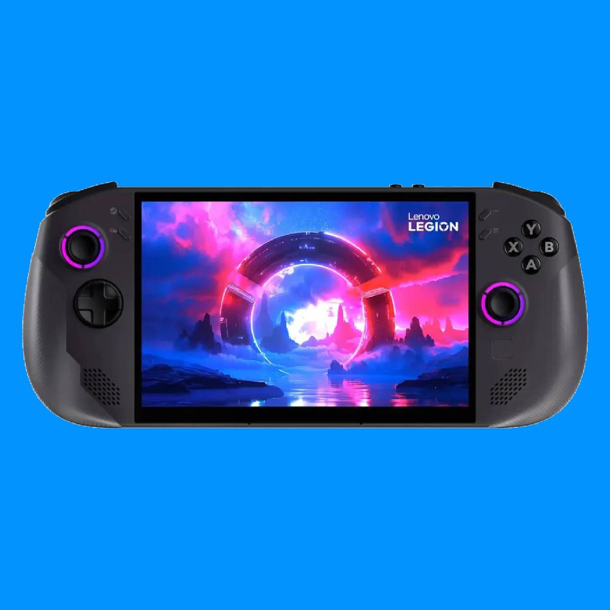 Lenovo Legion Go S SteamOS handheld gaming PC on a blue background