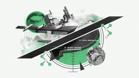 Photo montage of a Boeing Stratofortress, nuclear bomb, crosshairs and mushroom clouds