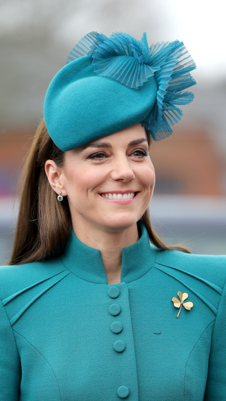 Catherine, Princess of Wales attends the St. Patrick's Day Parade at Mons Barracks on March 17, 2023 in Aldershot, England