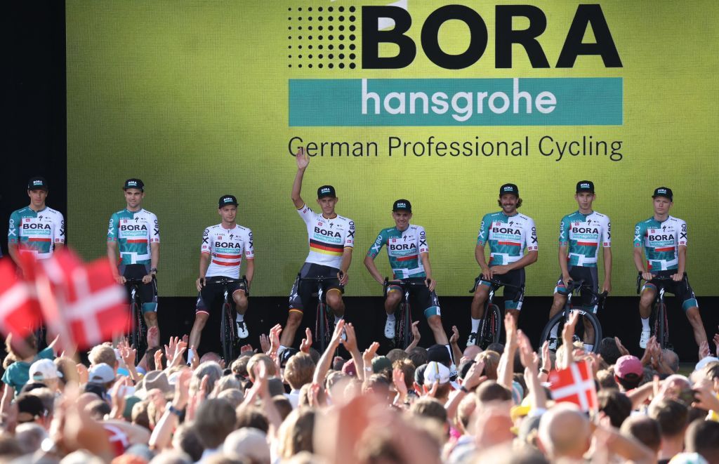 BoraHansgrohe team riders attend the cycling teams presentation two days ahead of the first stage of the 109th edition of the Tour de France cycling race in Copenhagen in Denmark on June 29 2022 Photo by Thomas SAMSON AFP Photo by THOMAS SAMSONAFP via Getty Images