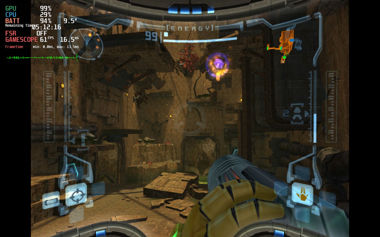 Metroid Prime running in the Dolphin emulator on Steam Deck