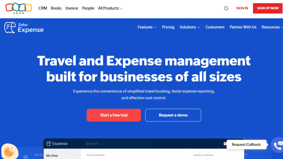 Zoho Expense website screenshot (May 2025)