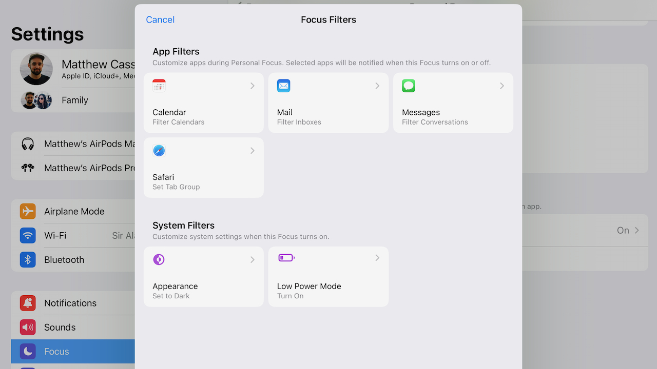 Screenshot of the Focus Filters settings on iPad.