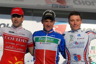 Cholet-Pays de Loire podium (l-r): Tony Gallopin (Cofidis), Thomas Voeckler (Europcar) and Benjamin Giraud (Velo-Club La Pomme Marseille)
