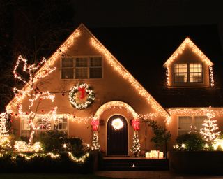 California Home decorated with Christmas lights and decorations
