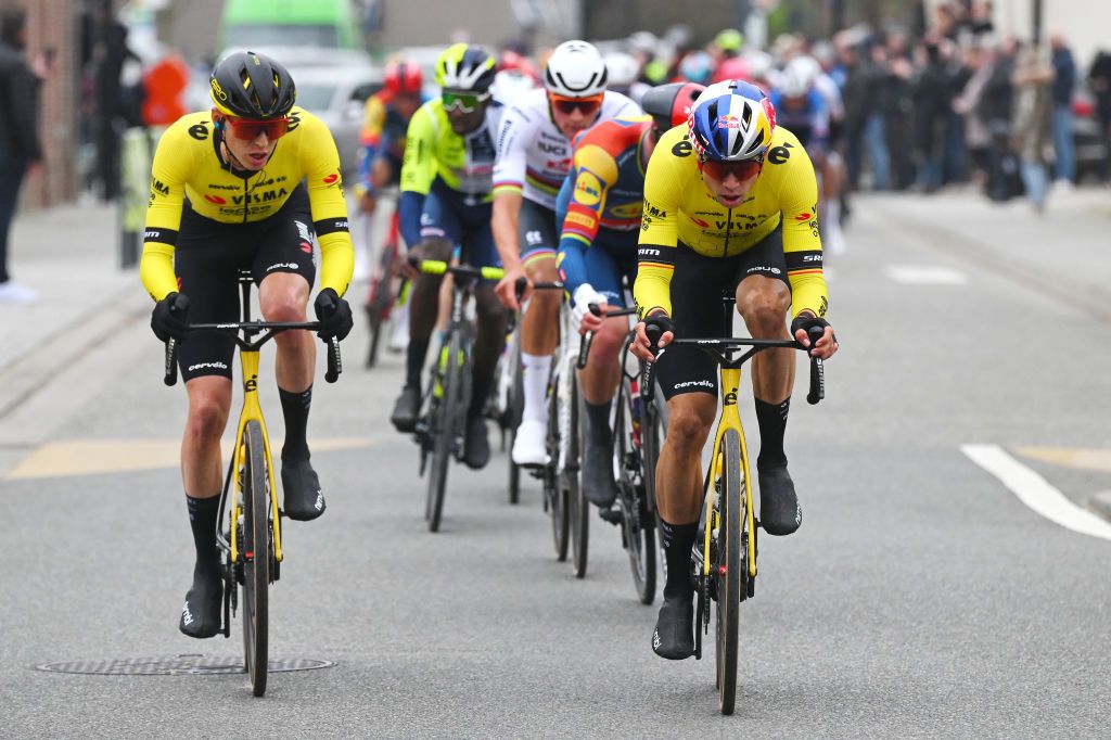 HARELBEKE BELGIUM MARCH 22 LR Matteo Jorgenson of The United States and Wout van Aert of Belgium and Team Visma Lease a Bike attack during the 67th E3 Saxo Bank Classic Harelbeke 2024 a 2076km one day race from Harelbeke to Harelbeke UCIWT on March 22 2024 in Harelbeke Belgium Photo by Tim de WaeleGetty Images