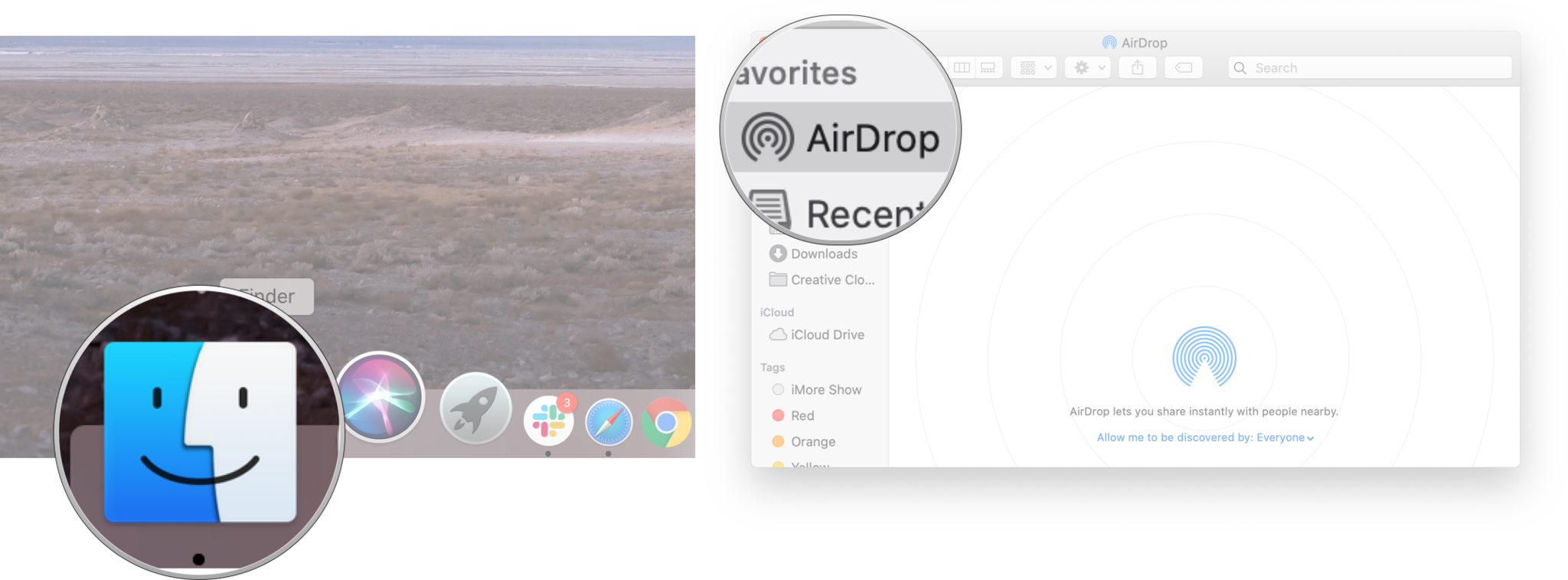 Tetapkan akses AirDrop pada Mac anda: Lancarkan Finder dan klik AirDrop.