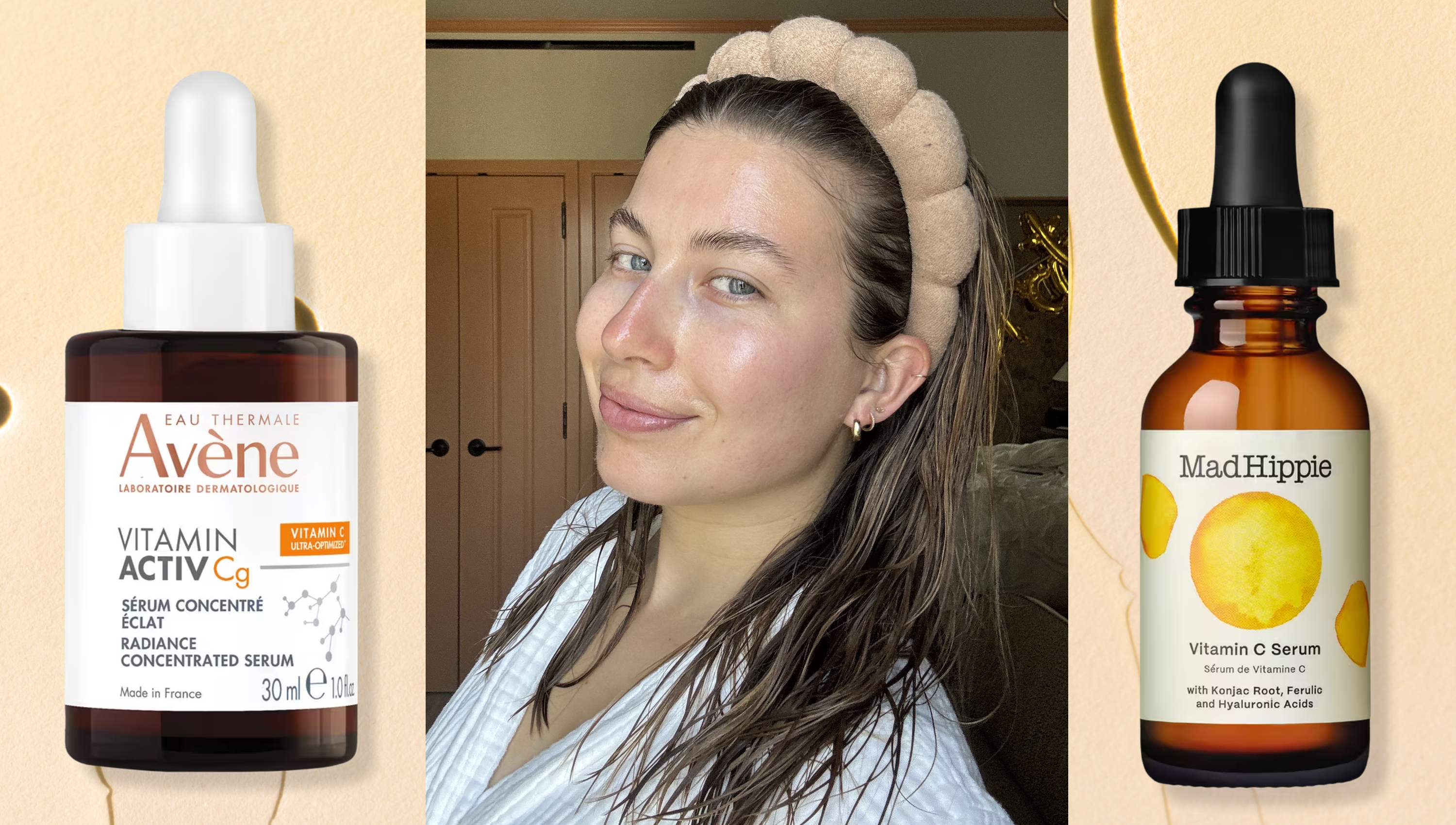 drugstore vitamin c bottles no a tan background on either side of a brunette woman wearing a headband