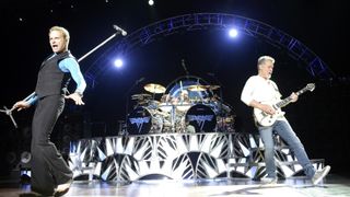 David Lee Roth, Alex Van Halen and Eddie Van Halen of Van Halen perform at Concord Pavilion on July 9, 2015, in Concord, California