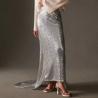 sequin silver maxi skirt with train