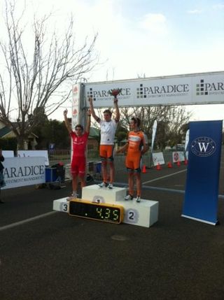 Anthony Giacoppo celebrates his first win in the NRS, in the Goulburn to Sydney Cycle Classic prologue.