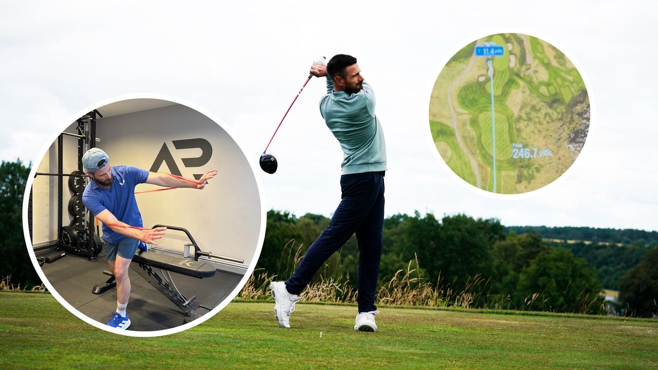 Baz Plummer hitting a long drive off the 9th tee at Sand Moor Golf Club, with an inset image of Baz working in the gym as part of his golf improvement plan and another image of a shot tracer measuring Baz's drive at 246-yards