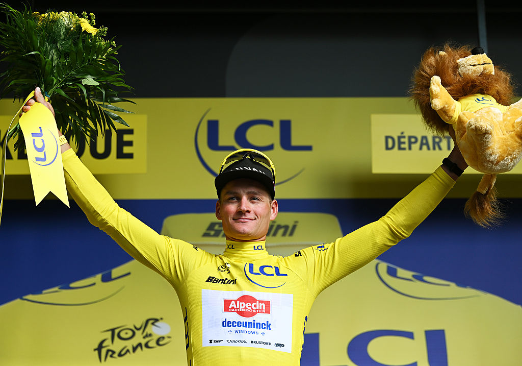 DUNKERQUE, FRANCE - JULY 07: Mathieu Van Der Poel of Netherlands and Team Alpecin - Deceuninck celebrates at podium as Yellow leader jersey winner during the 112th Tour de France, Stage 3 a 178.3km stage from Valenciennes to Dunkerque / #UCIWT / on July 07, 2025 in Dunkerque, France. (Photo by Dario Belingheri/Getty Images)