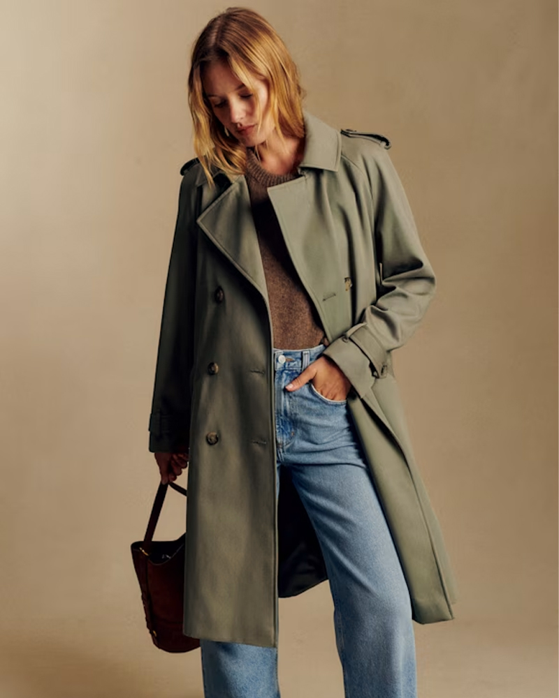 model wearing a khaki trench coat